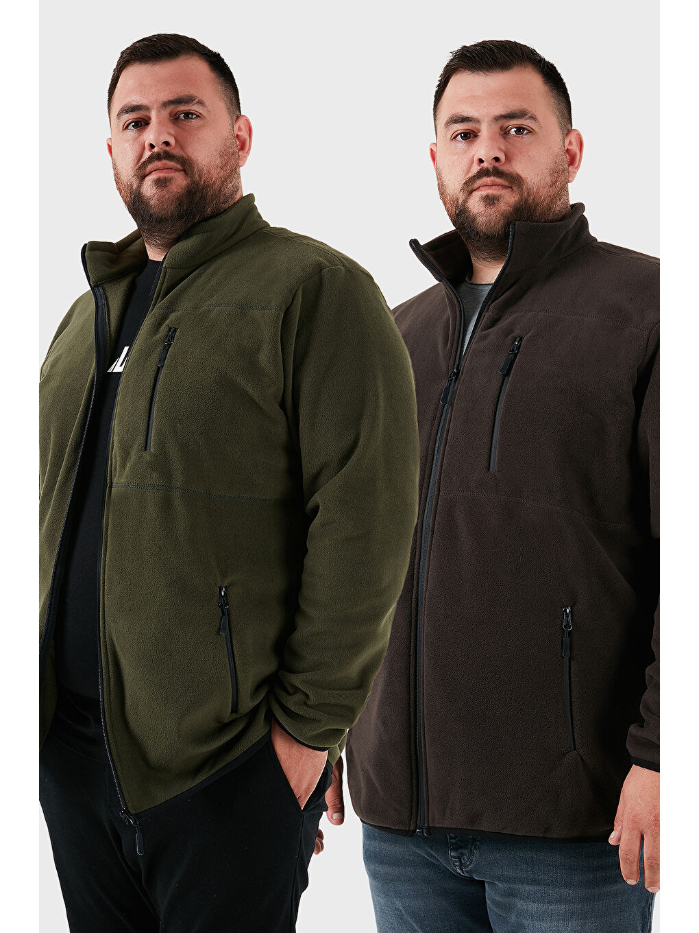 Yeşil Regular Fit Dik Yaka Fermuarlı Büyük Beden 2'li Paket Polar Hırka 5906028BS2