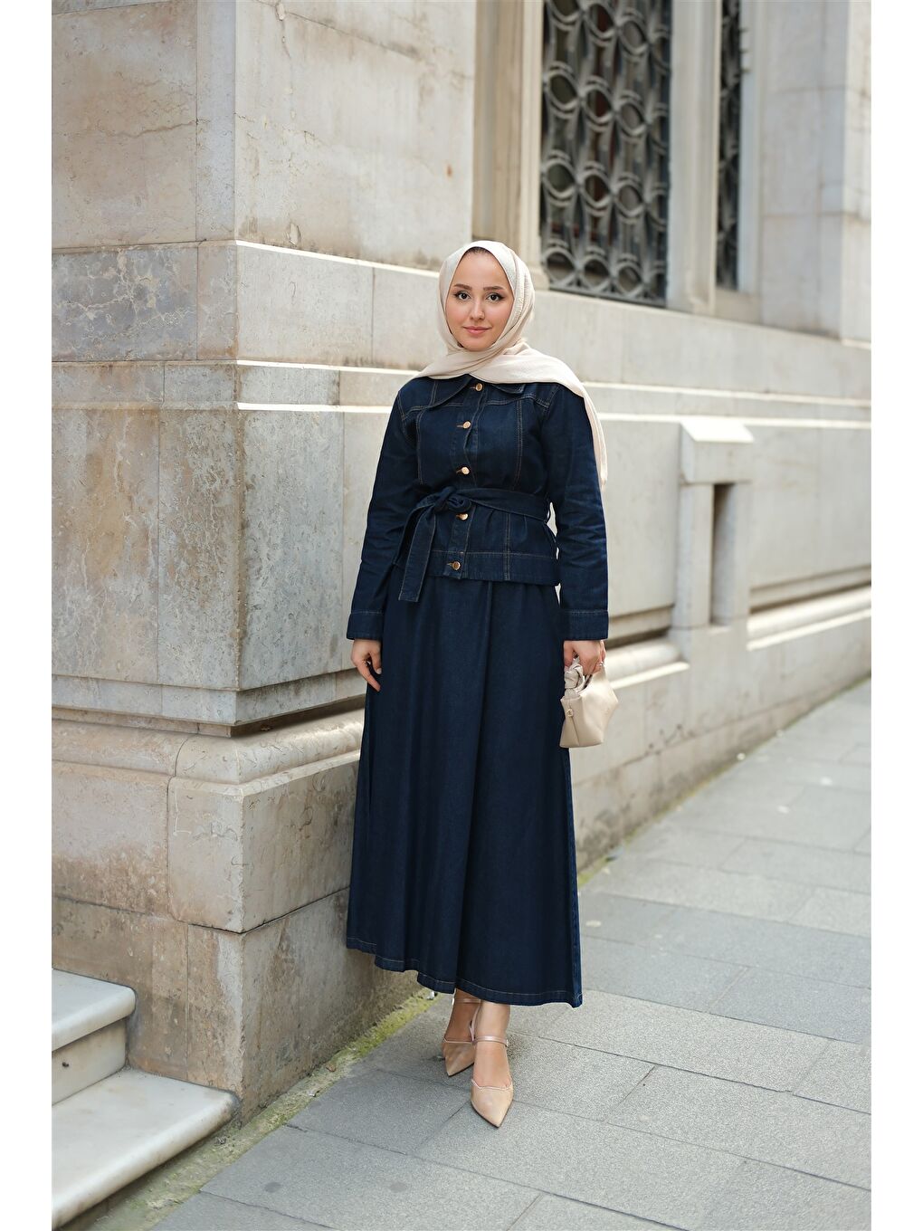 Kadın Gold Düğme Detaylı Demim Takım Koyu Mavi-3