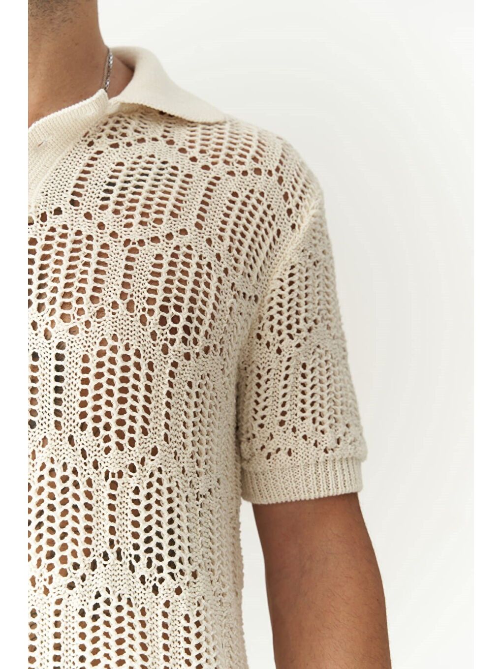 Leonard Erkek Düğme Detay Ekru Triko T-Shirt-5