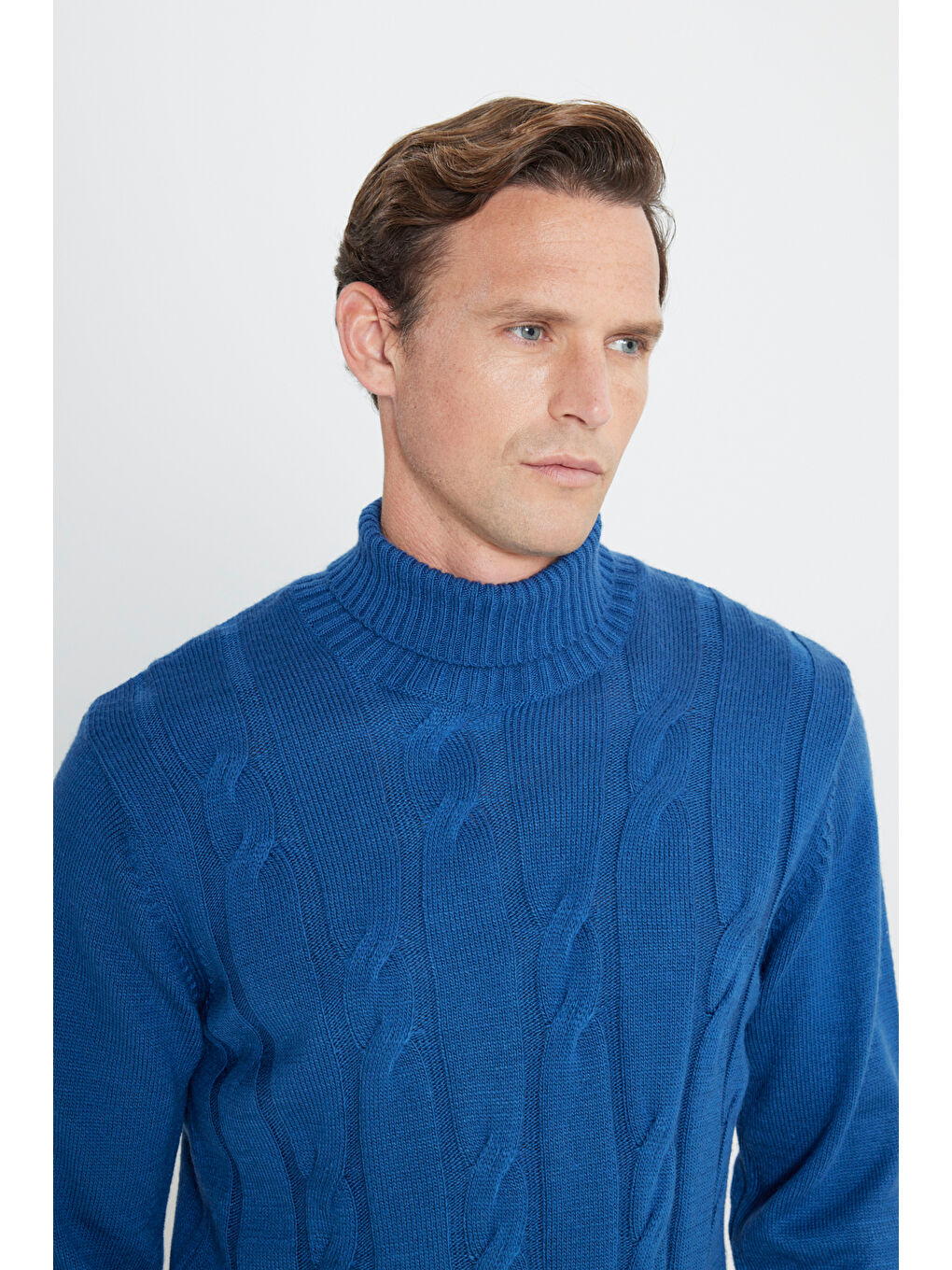 Erkek Havacı Mavi Standart Fit Normal Kesim Tam Balıkçı Yaka Jakarlı Triko-3