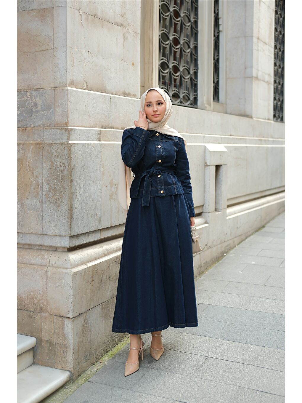 Kadın Gold Düğme Detaylı Demim Takım Koyu Mavi-4