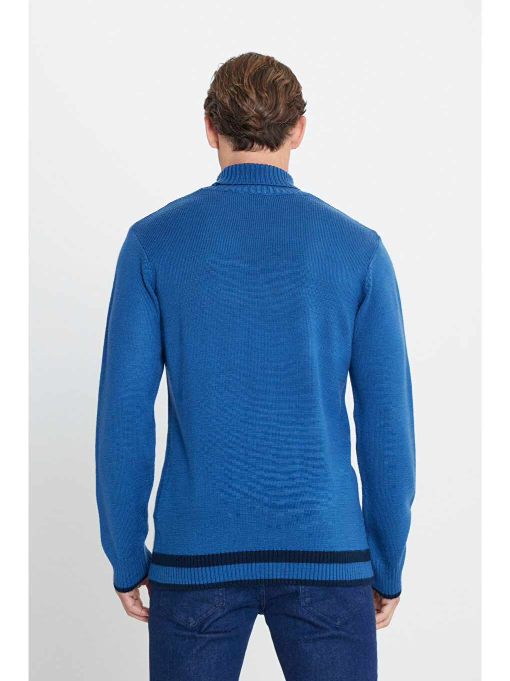 Erkek Havacı Mavi Standart Fit Normal Kesim Tam Balıkçı Yaka Jakarlı Triko-4