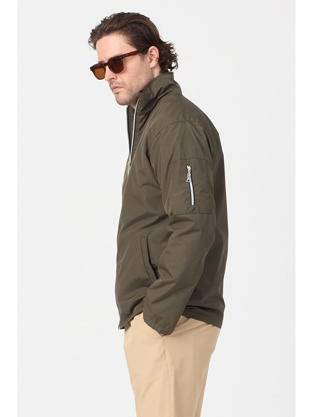 Erkek Haki Su Geçirmez Baharlık Kol Fermuar Detaylı Ceket-3