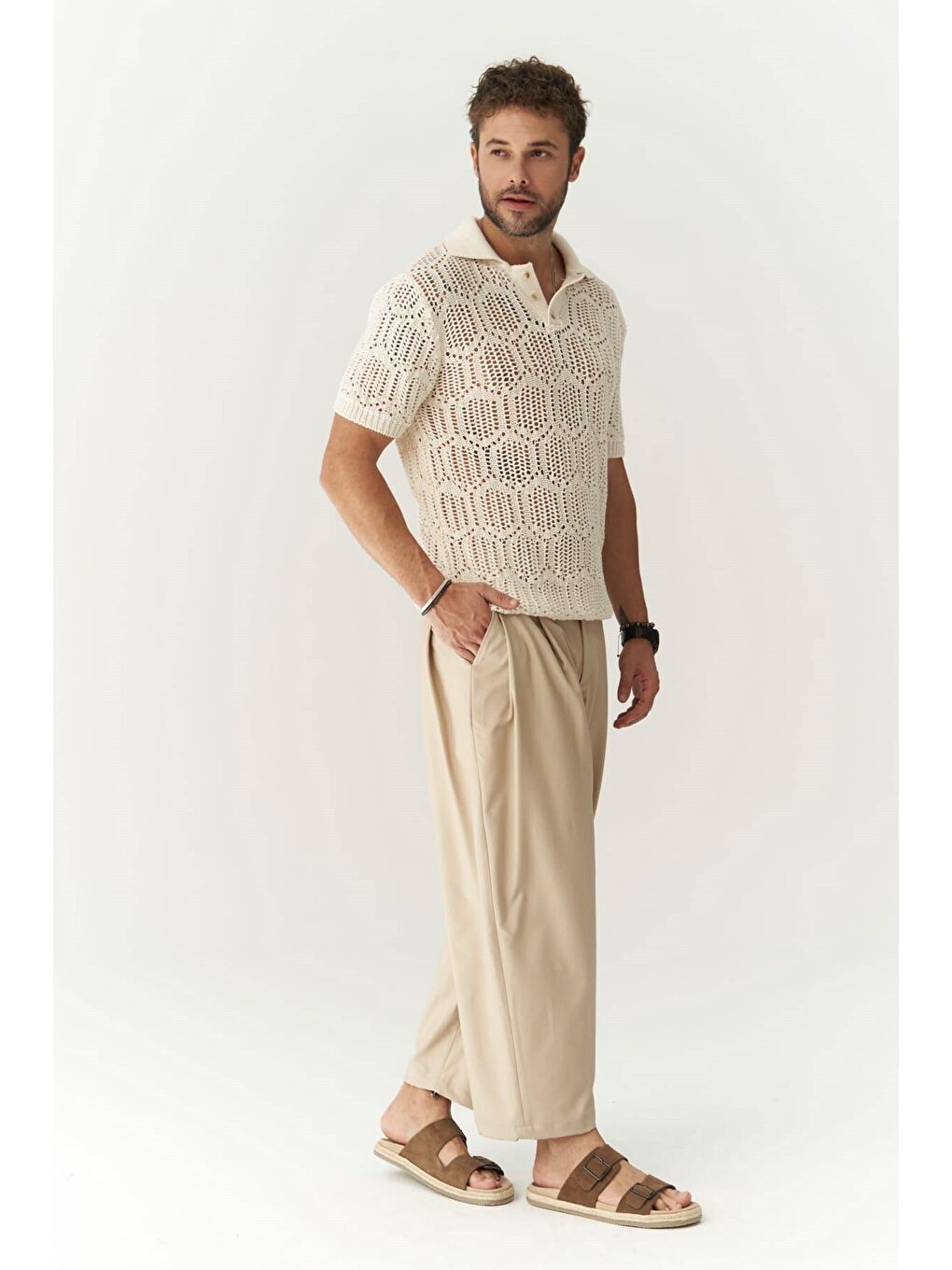 Leonard Erkek Düğme Detay Ekru Triko T-Shirt-6