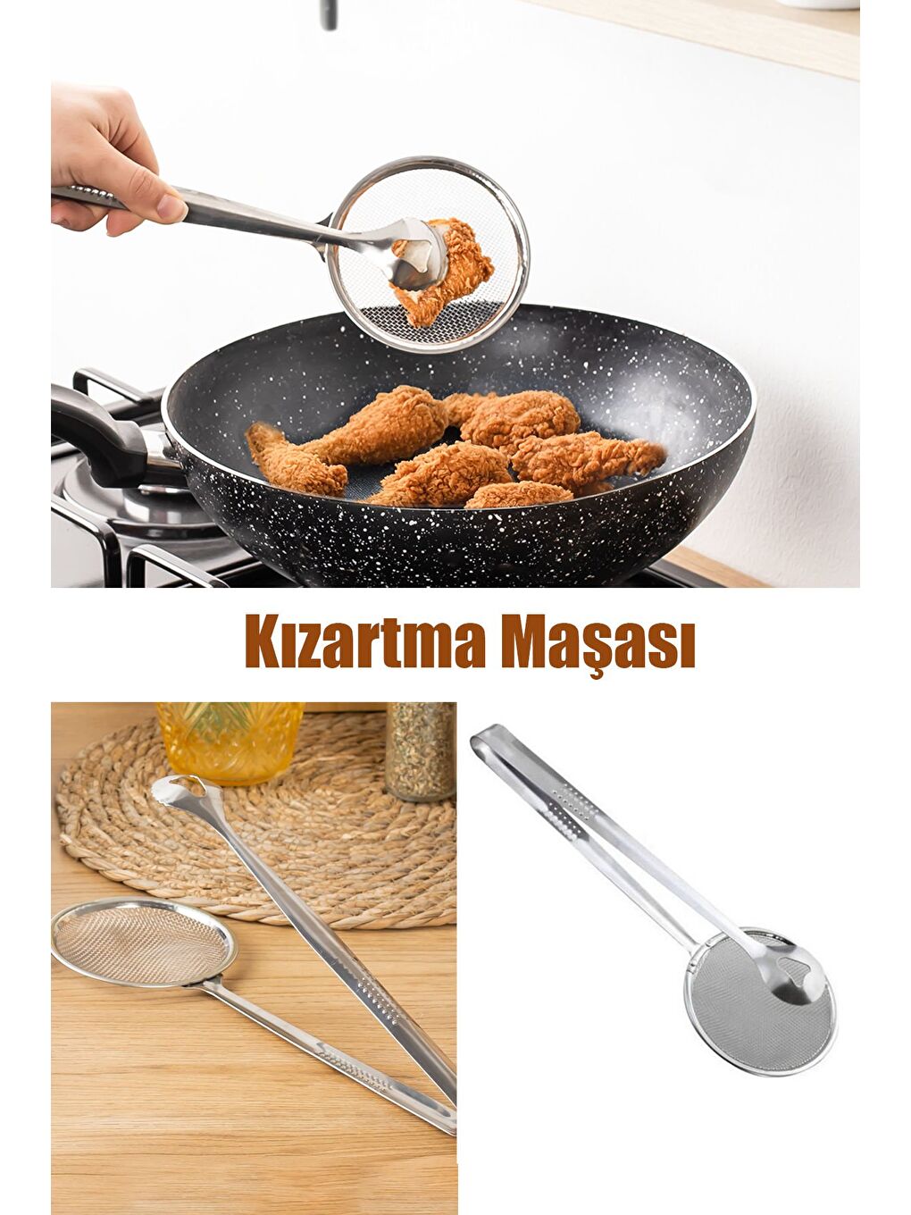 Gri Kızartma Maşası Paslanmaz Çelik Süzgeçli Maşa Kızartma Ve Haşlama Maşası Kevgiri - 29 cm-2