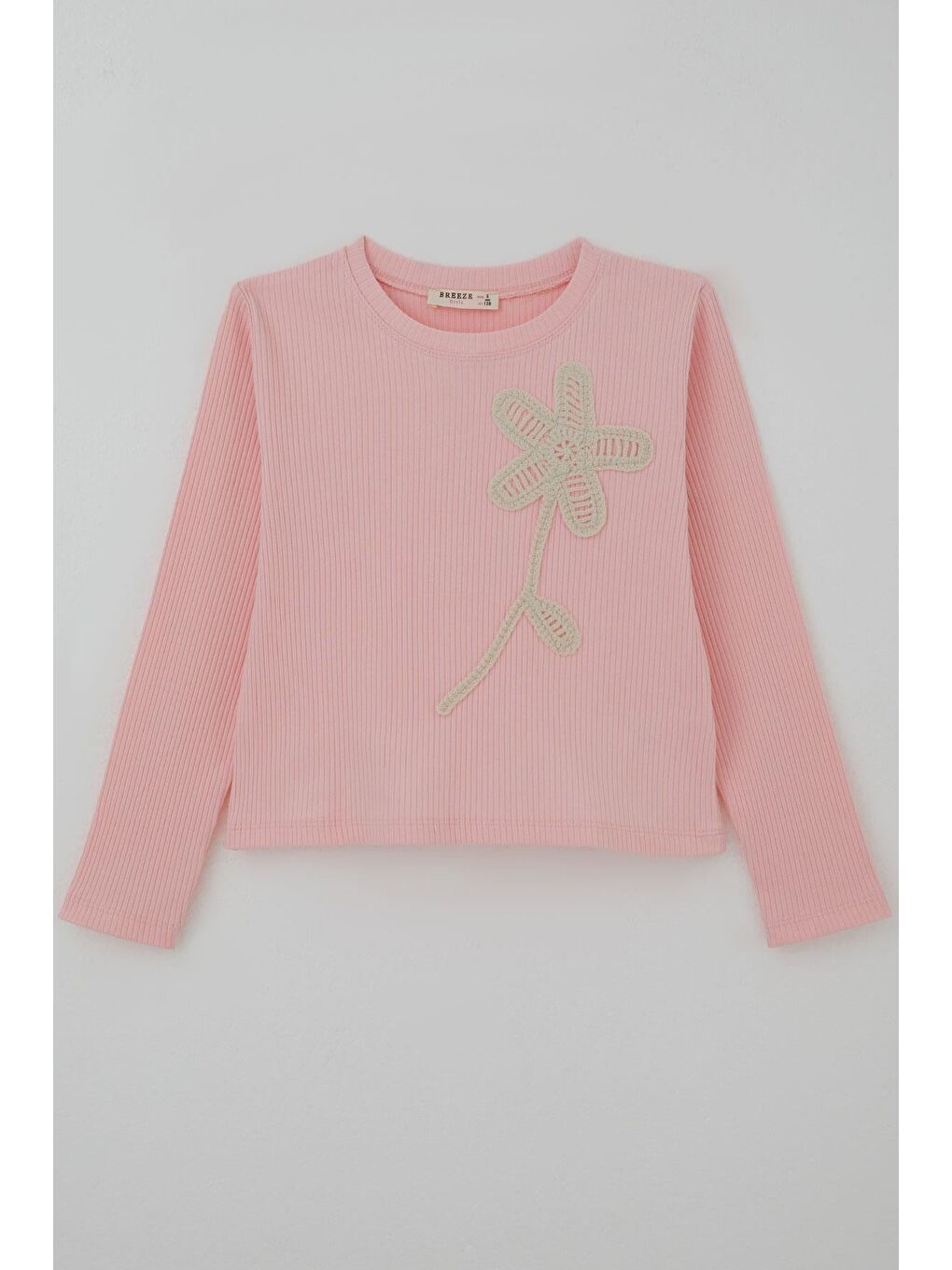 Kız Çocuk Uzun Kollu Tişört Örgü Çiçek Aplikeli Pembe (6-12 Yaş)