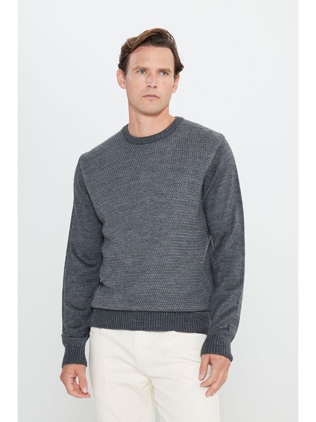 Antrasit Erkek ANTRASIT-GRI MELANJ Standart Fit Normal Kesim Bisiklet Yaka Petek Desenli Triko-2