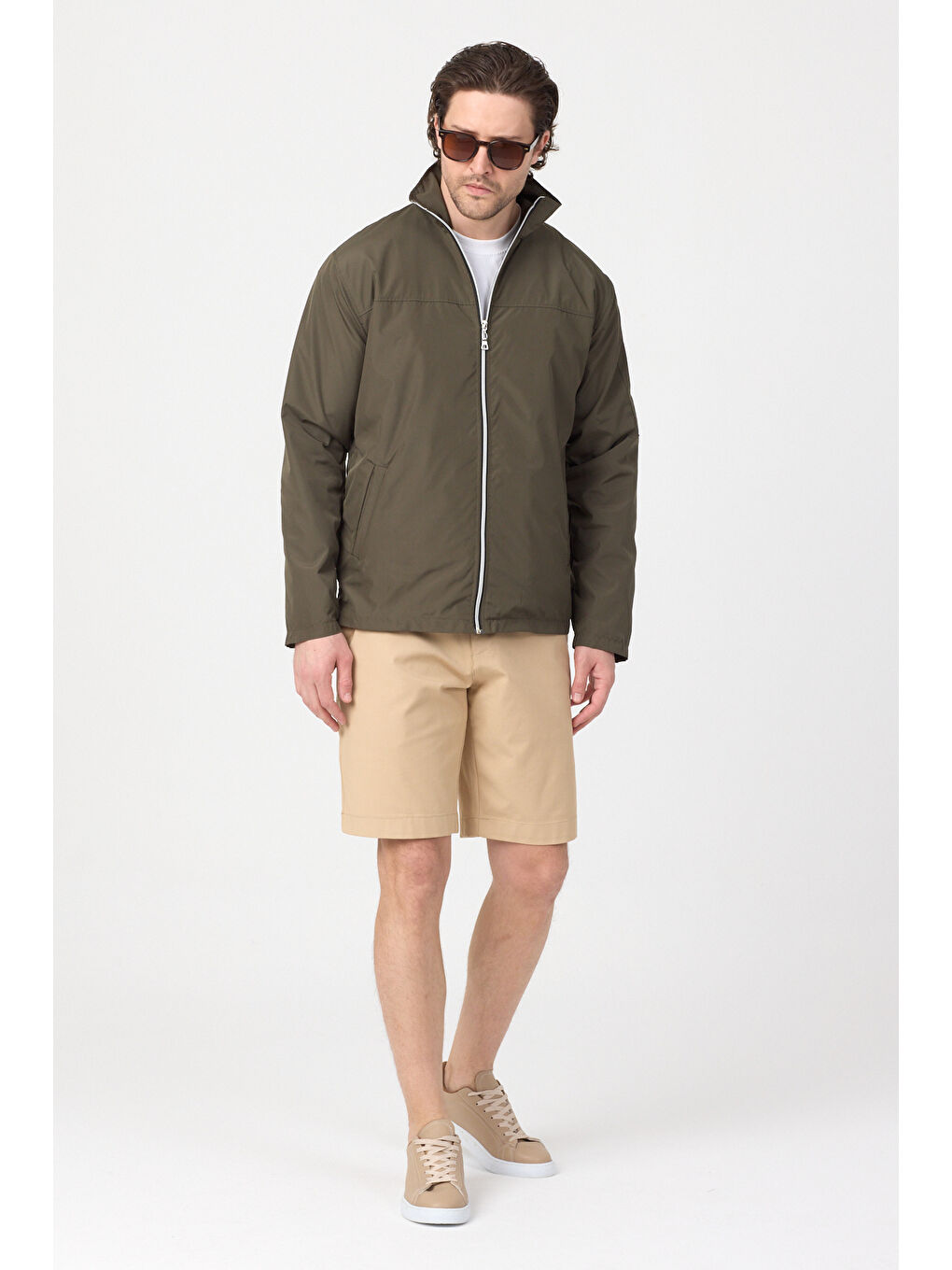 Erkek Haki Su Geçirmez Baharlık Kol Fermuar Detaylı Ceket-4
