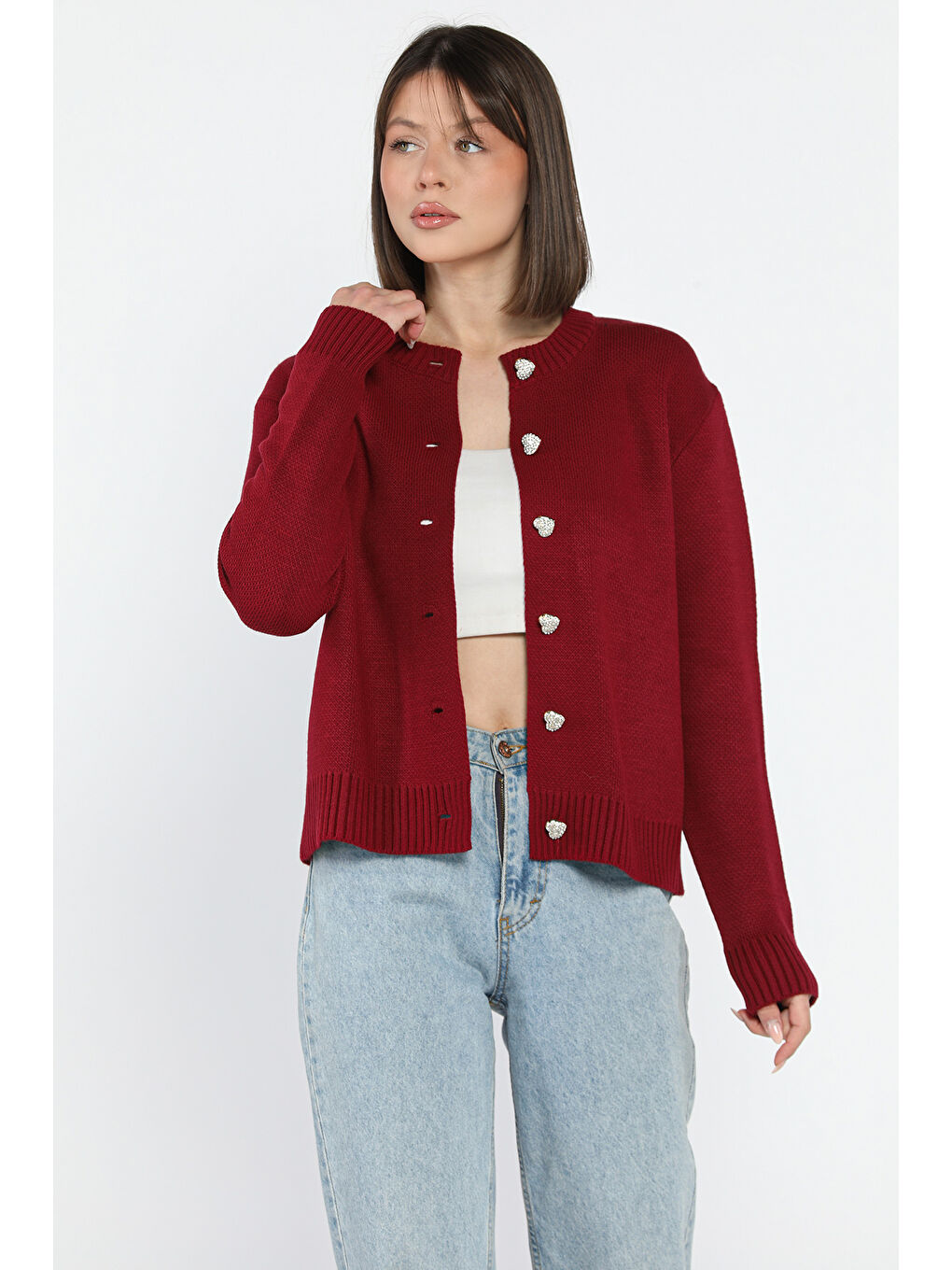 Bordo Kadın Taşlı Kalp Figürlü Düğmeli Triko Hırka-1