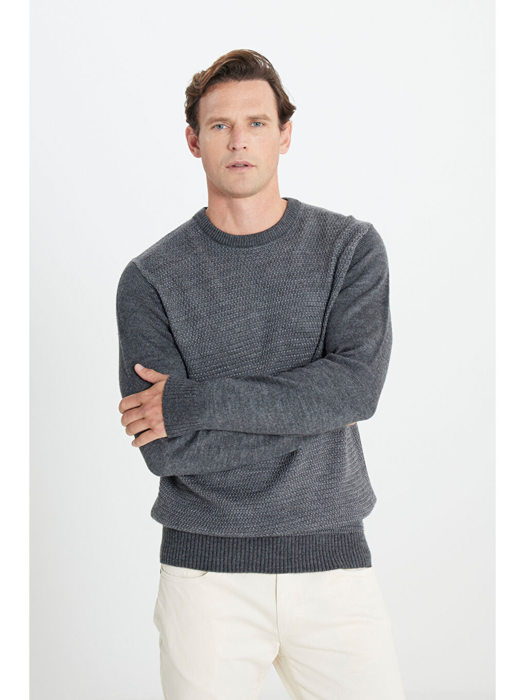 Antrasit Erkek ANTRASIT-GRI MELANJ Standart Fit Normal Kesim Bisiklet Yaka Petek Desenli Triko-3