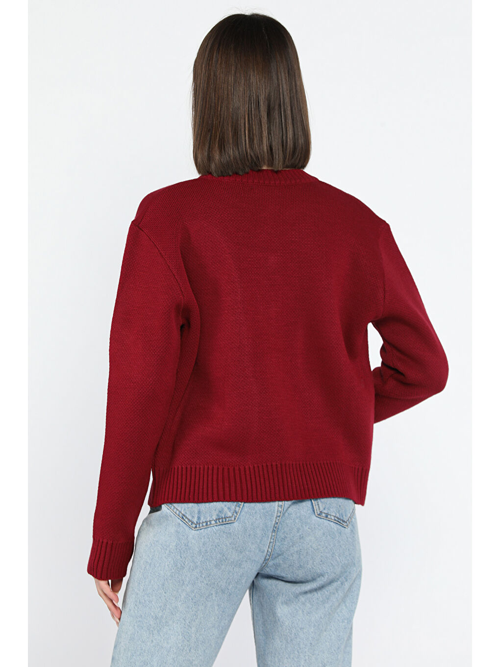 Bordo Kadın Taşlı Kalp Figürlü Düğmeli Triko Hırka-2