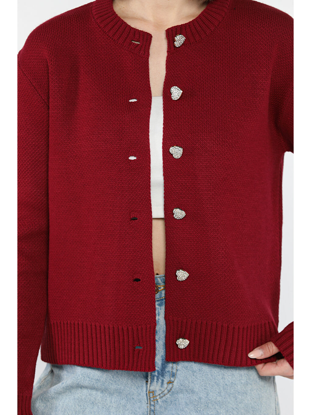 Bordo Kadın Taşlı Kalp Figürlü Düğmeli Triko Hırka-3