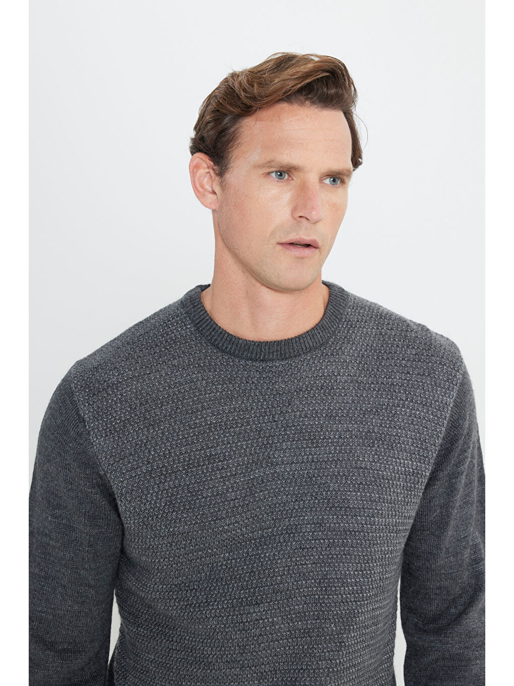 Antrasit Erkek ANTRASIT-GRI MELANJ Standart Fit Normal Kesim Bisiklet Yaka Petek Desenli Triko-4