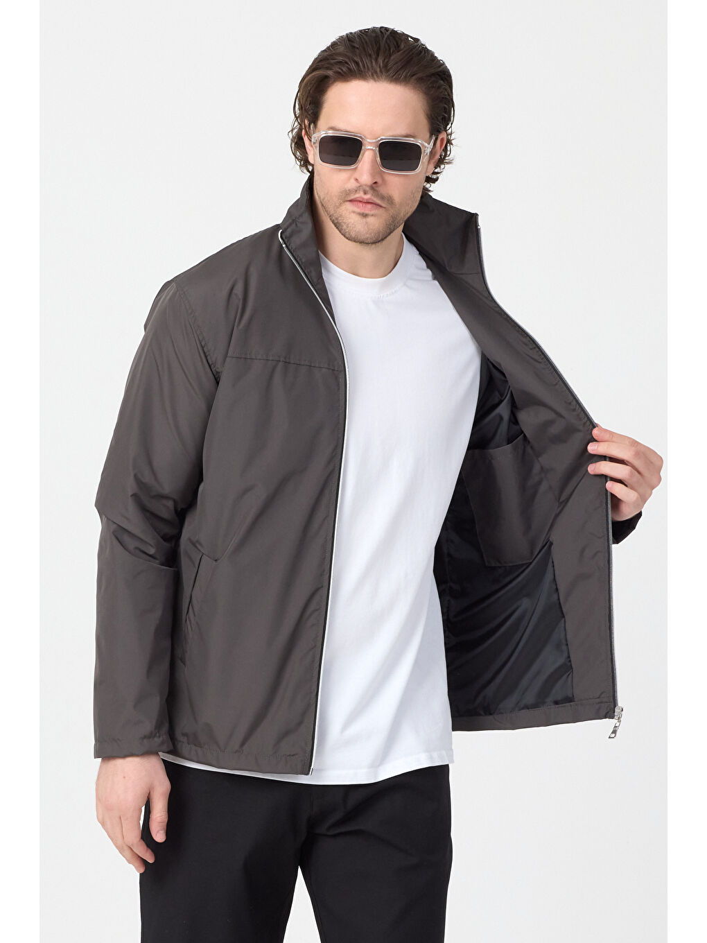 Erkek Antrasit Su Geçirmez Baharlık Kol Fermuar Detaylı Ceket-3