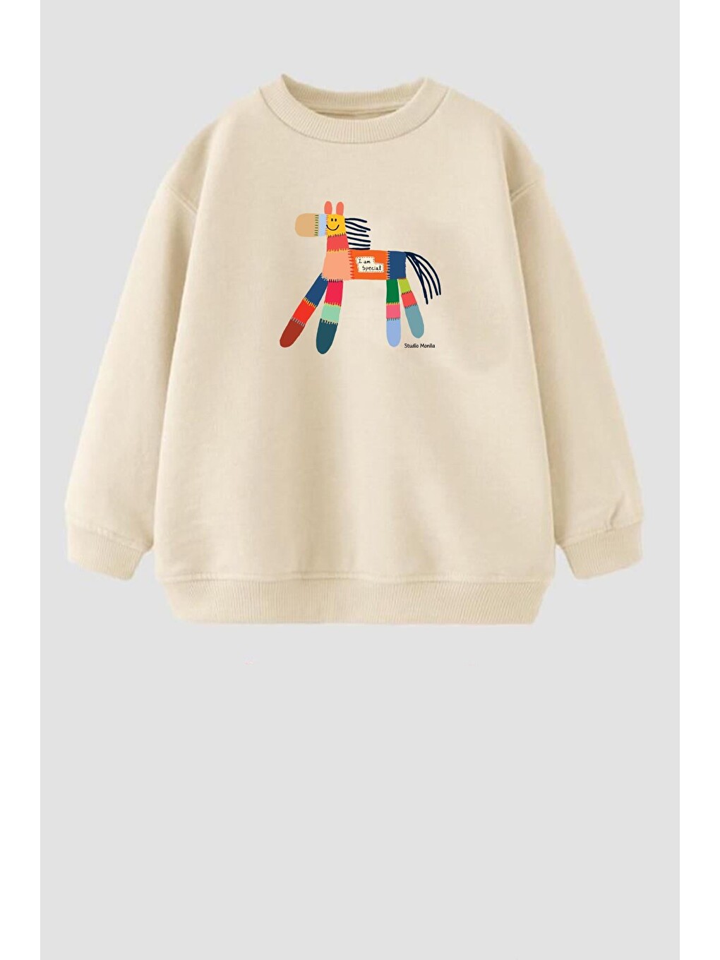 Bej Unisex Çocuk Baskılı 3 İplik Kumaş Pamuklu Sweatshirt