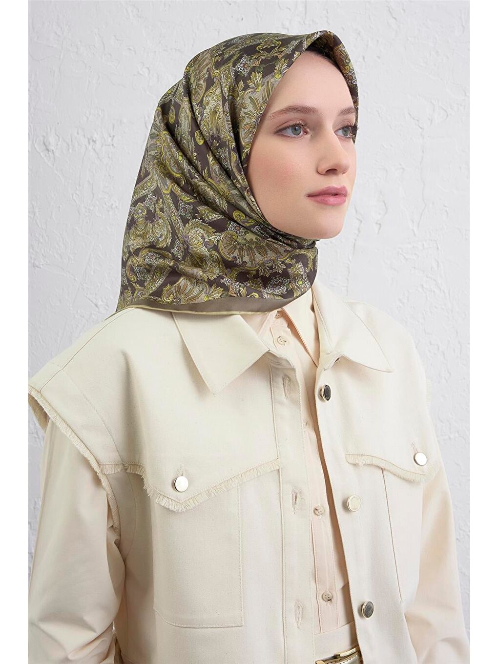 Haki Etnik Desen Saf İpek Twill Eşarp 9416D 80-1