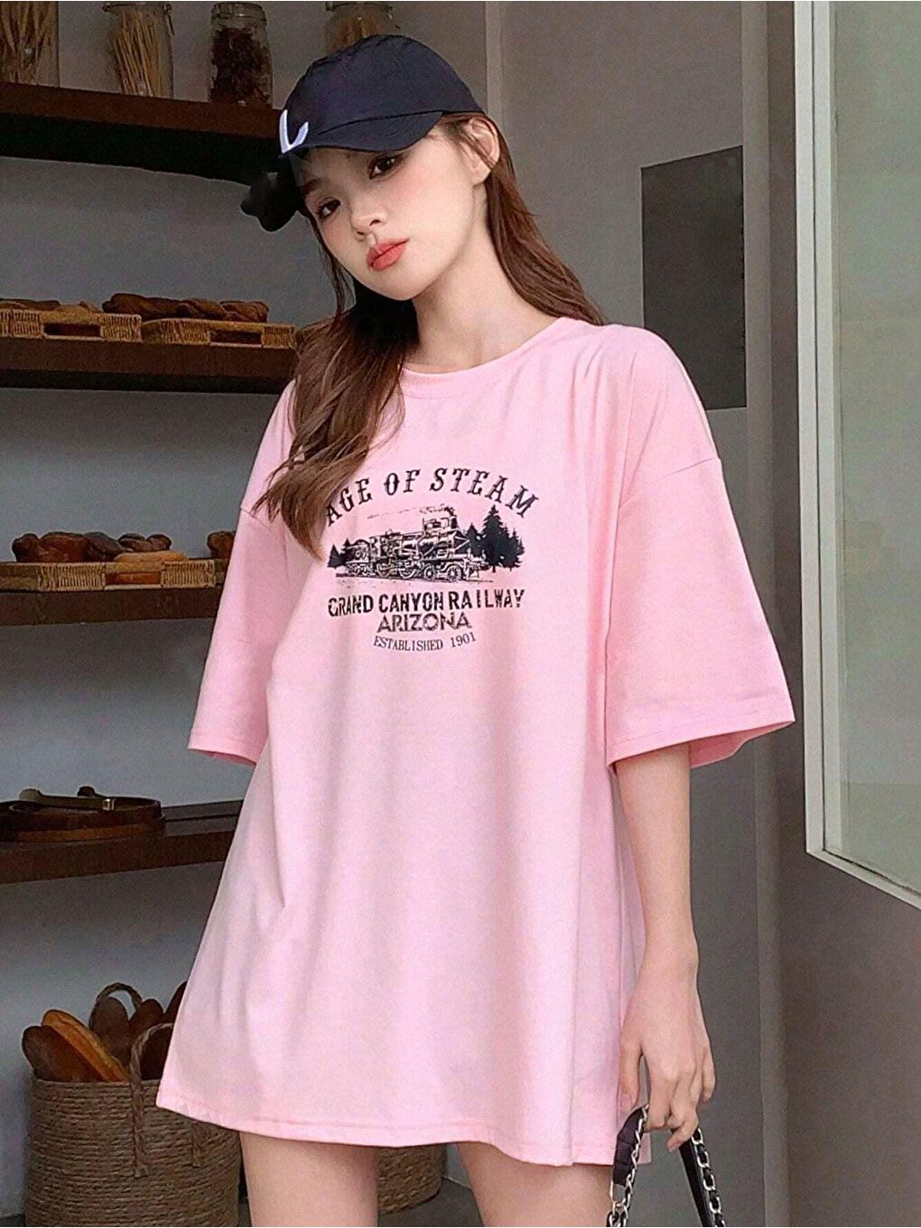 Trendseninle Pembe Kadın Pembe Age Of Steam Baskı Oversize Tişört