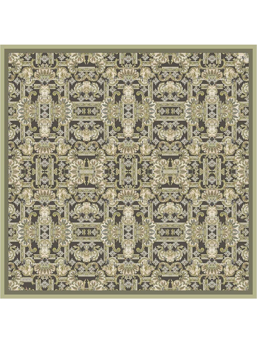 Haki Etnik Desen Saf İpek Twill Eşarp 9416D 80-4