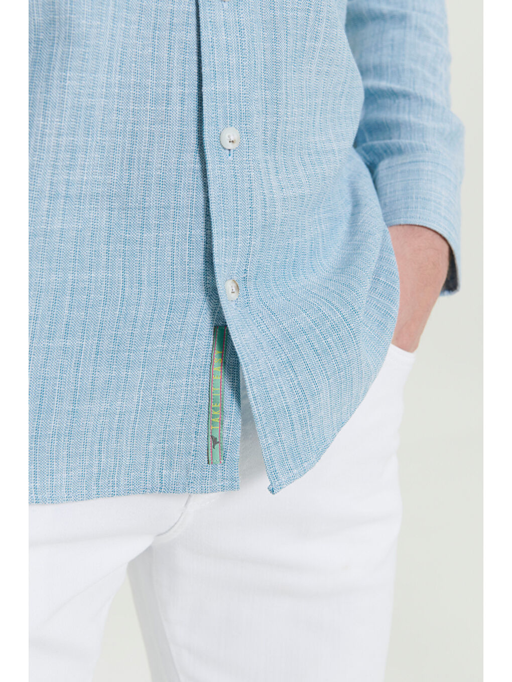 Erkek Yeşil Slim Fit Dar Kesim Gizli Düğmeli Yaka Keten Görünümlü %100 Pamuk Flamlı Gömlek-4