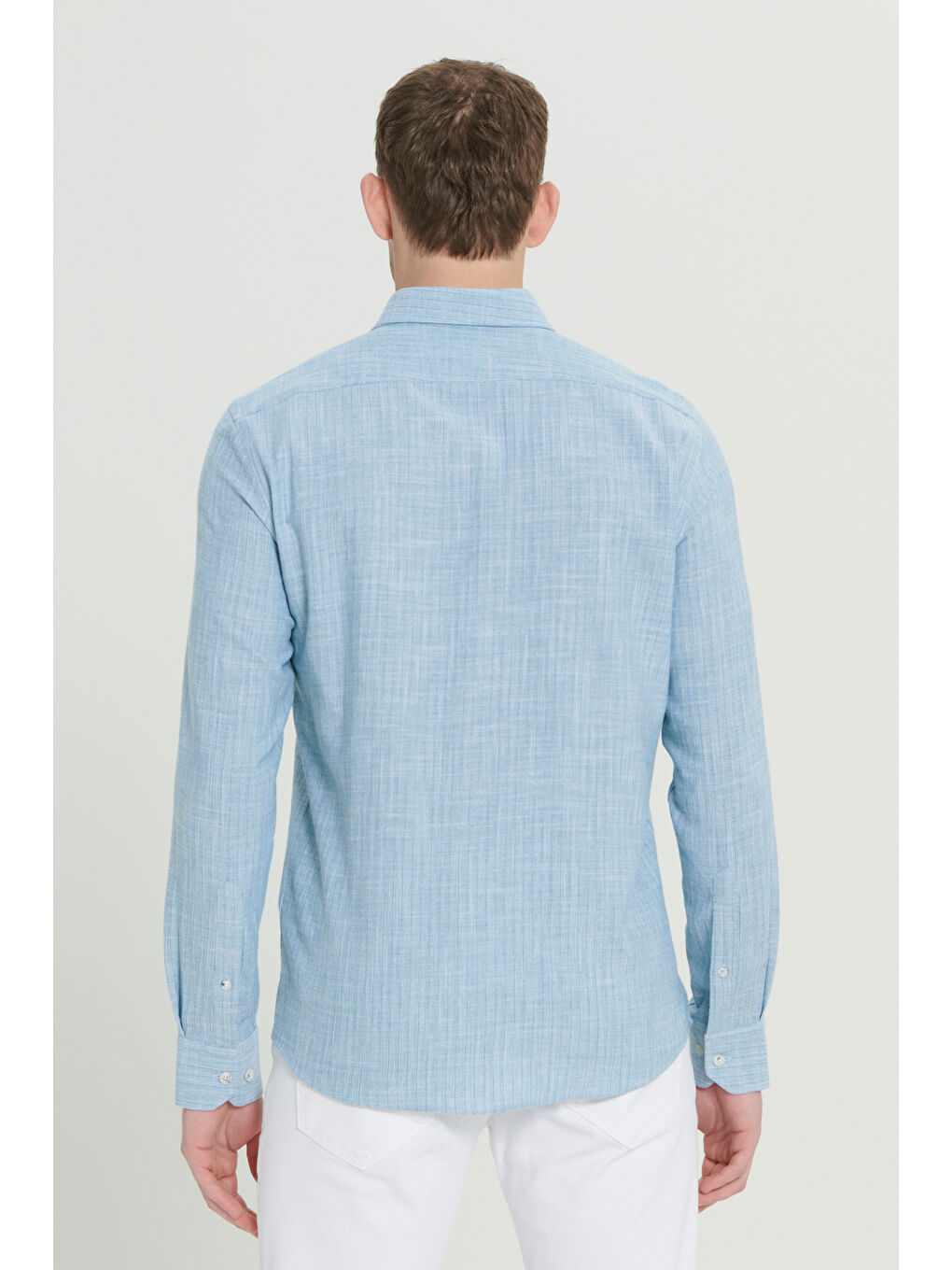 Erkek Yeşil Slim Fit Dar Kesim Gizli Düğmeli Yaka Keten Görünümlü %100 Pamuk Flamlı Gömlek-5