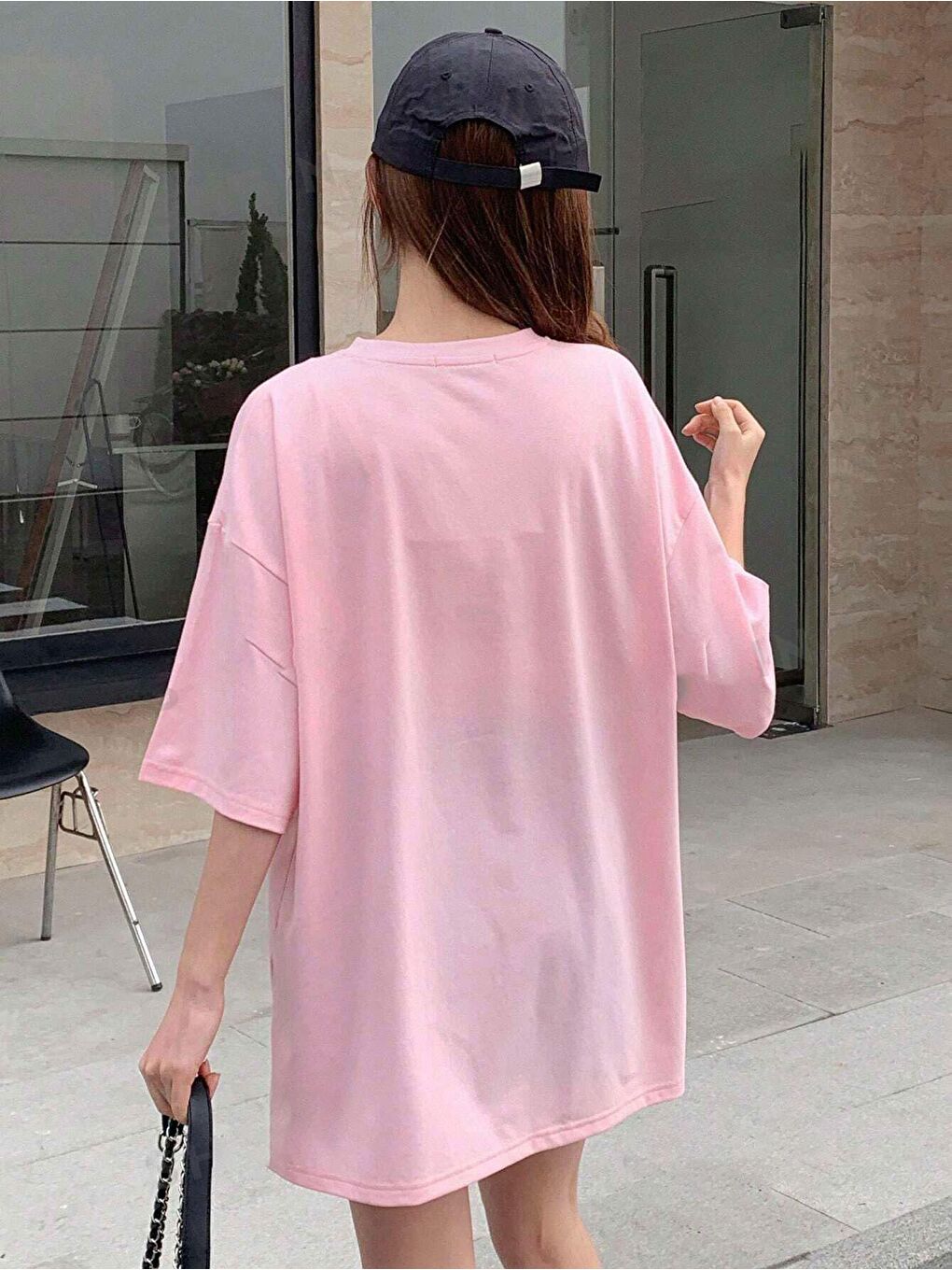 Trendseninle Pembe Kadın Pembe Age Of Steam Baskı Oversize Tişört - 2