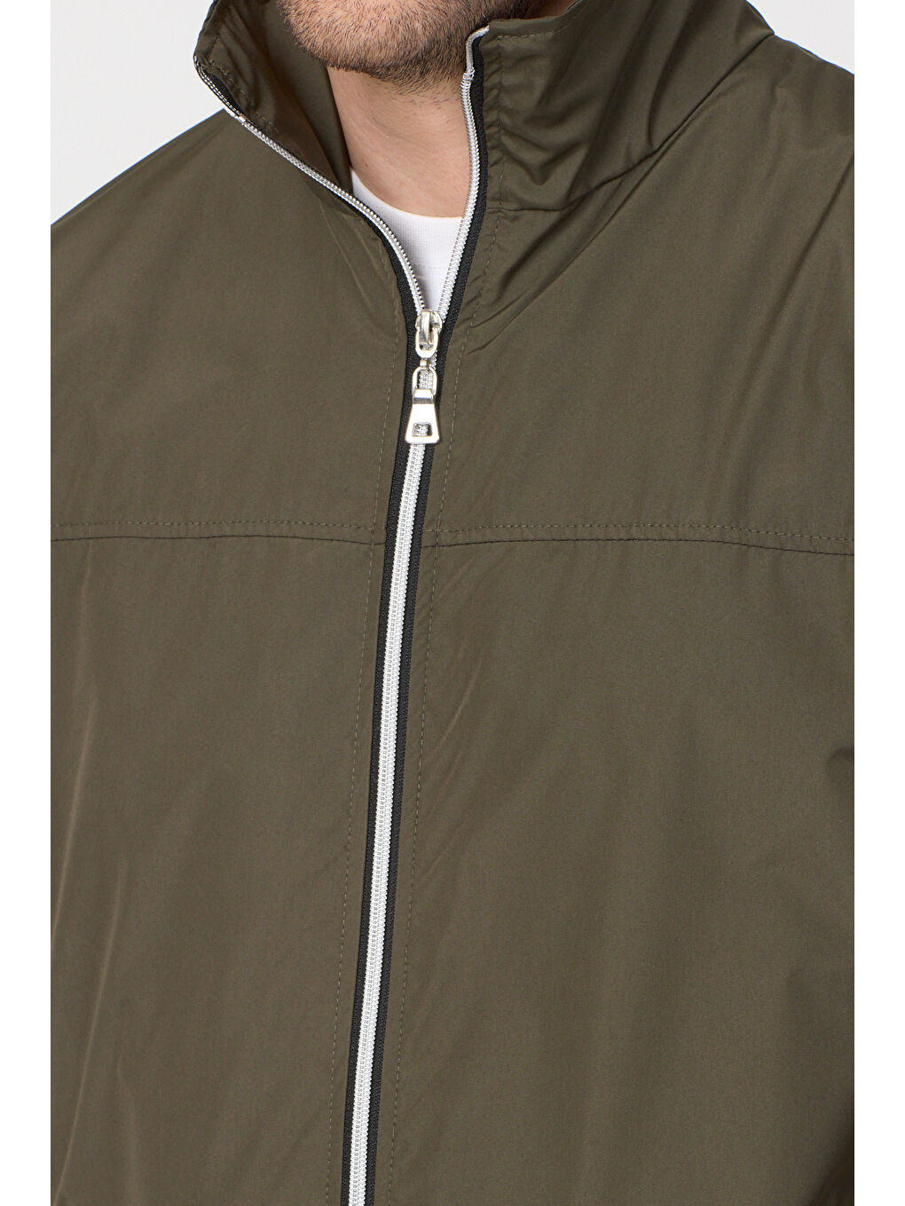 Erkek Haki Su Geçirmez Baharlık Kol Fermuar Detaylı Ceket-5