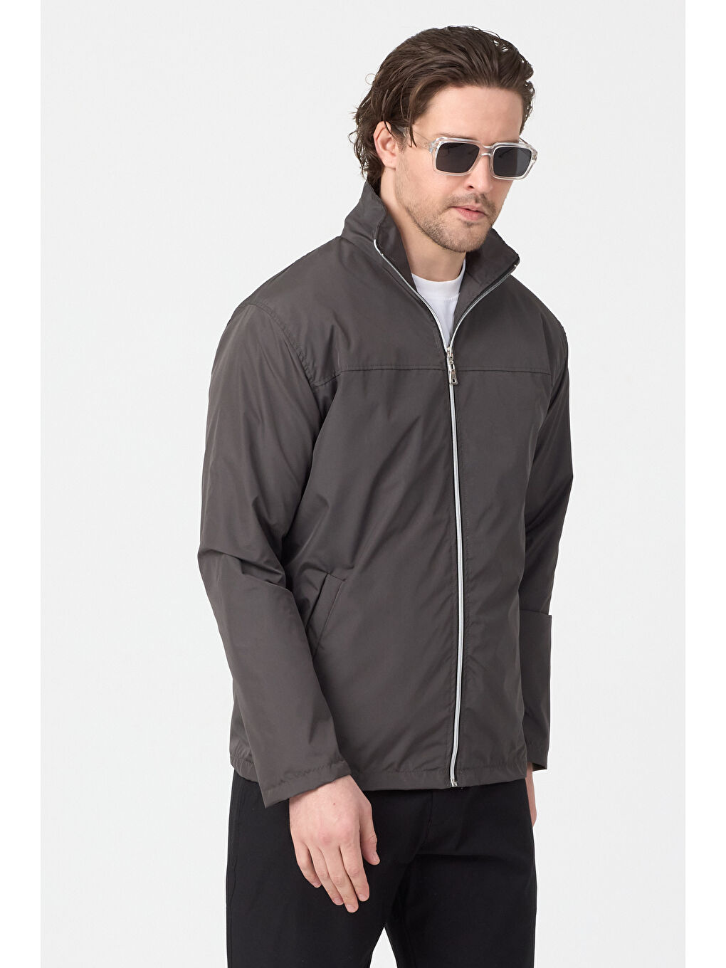 Erkek Antrasit Su Geçirmez Baharlık Kol Fermuar Detaylı Ceket-4