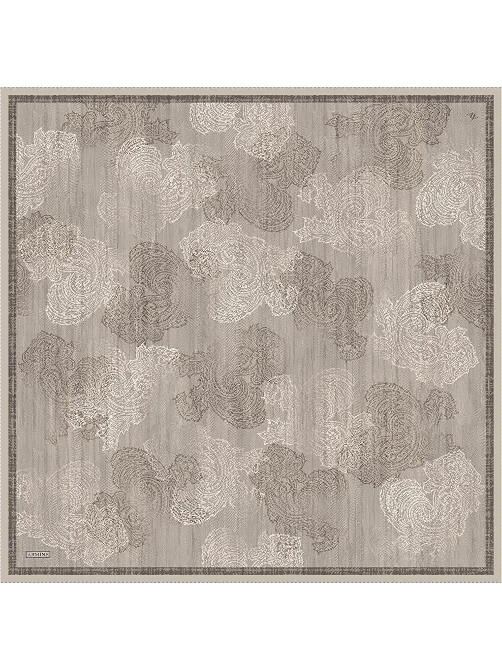 Bej Klasik Desenli Saf İpek Twill Eşarp 9428D 06-3