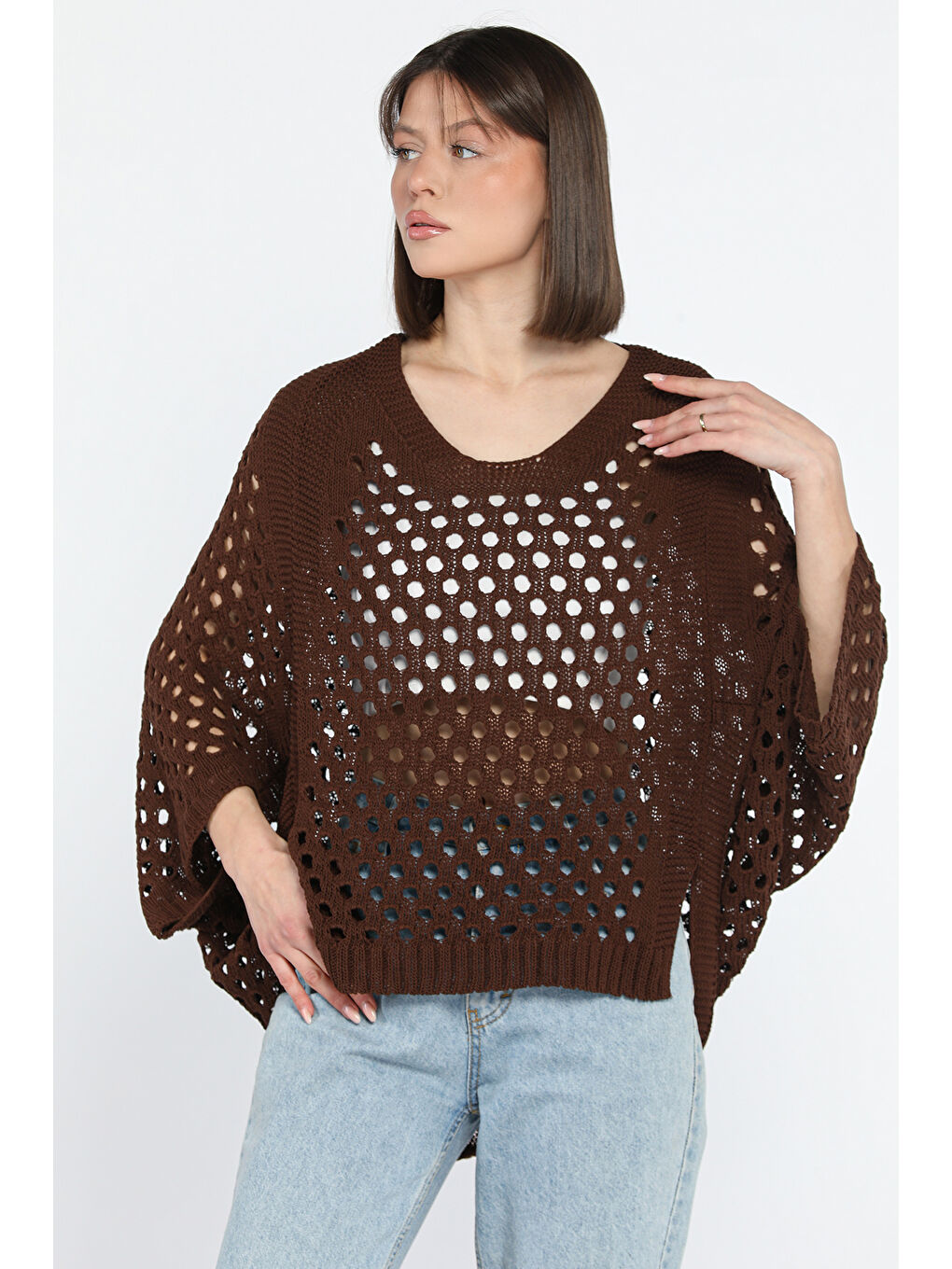 Kahverengi Ajurlu Kadın Triko Bluz