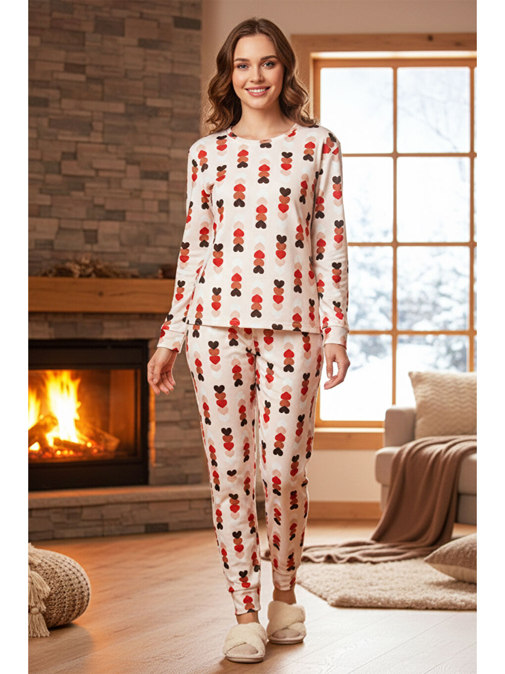 Kadın Kalp Desenli Comfort Pijama Takımı 0510 Toz Pembe-2