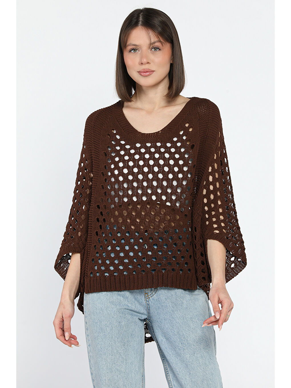 Kahverengi Ajurlu Kadın Triko Bluz-1