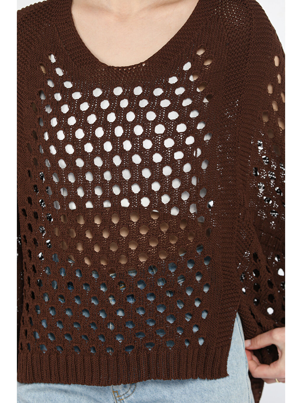 Kahverengi Ajurlu Kadın Triko Bluz-3