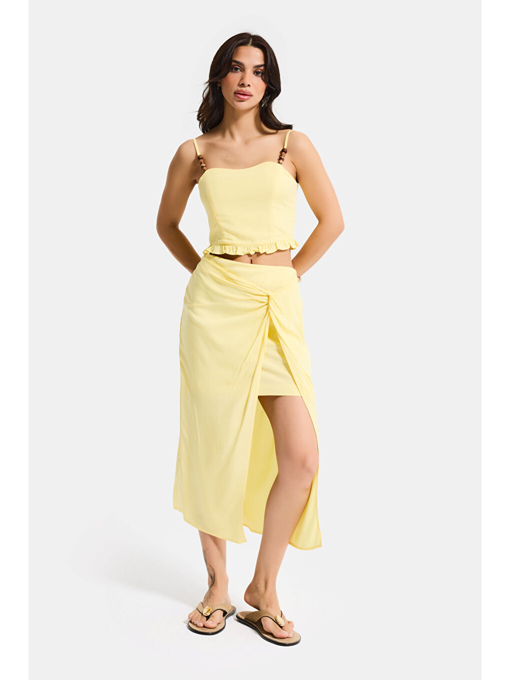 Kadın Sarı s6-108 Maxi Yırtmaçlı Önden Bağlamalı Poliviskon Tasarım Etek-2