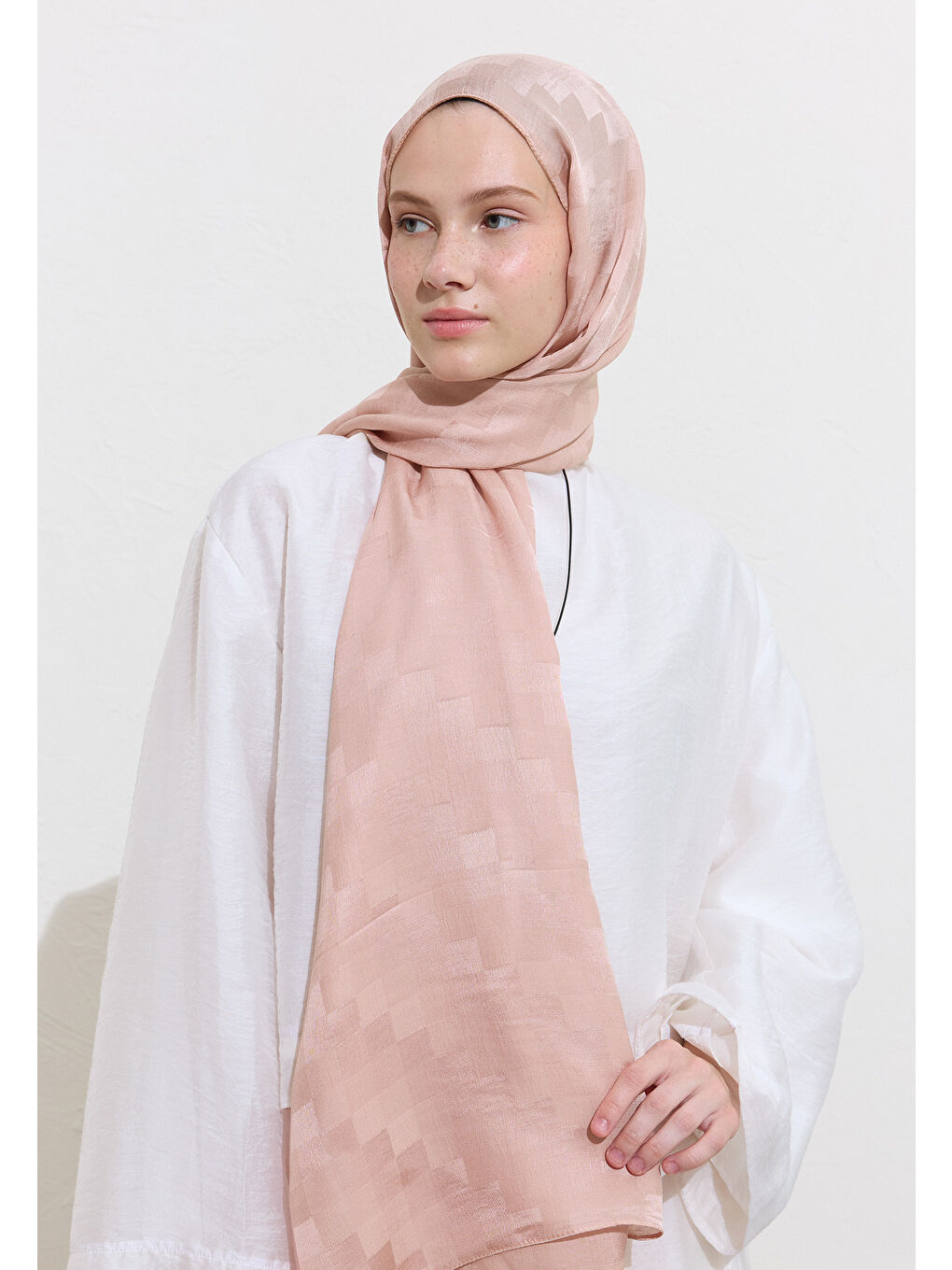 Pembe Nori İpek Jakar Şal Pudra-1