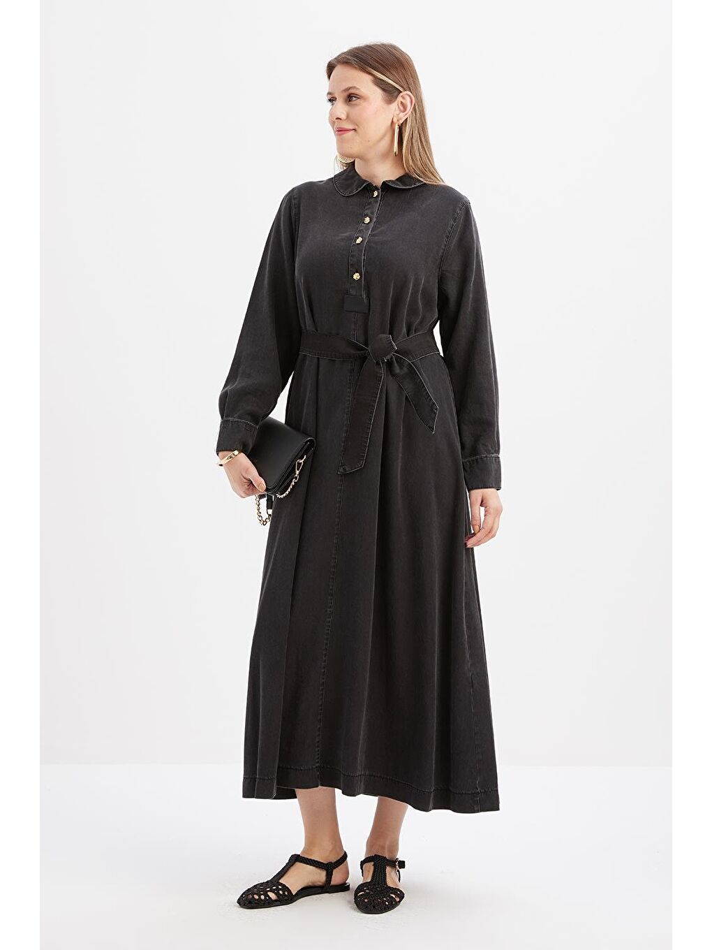 Gri-Yarım Patlı Kuşaklı Denim Elbise