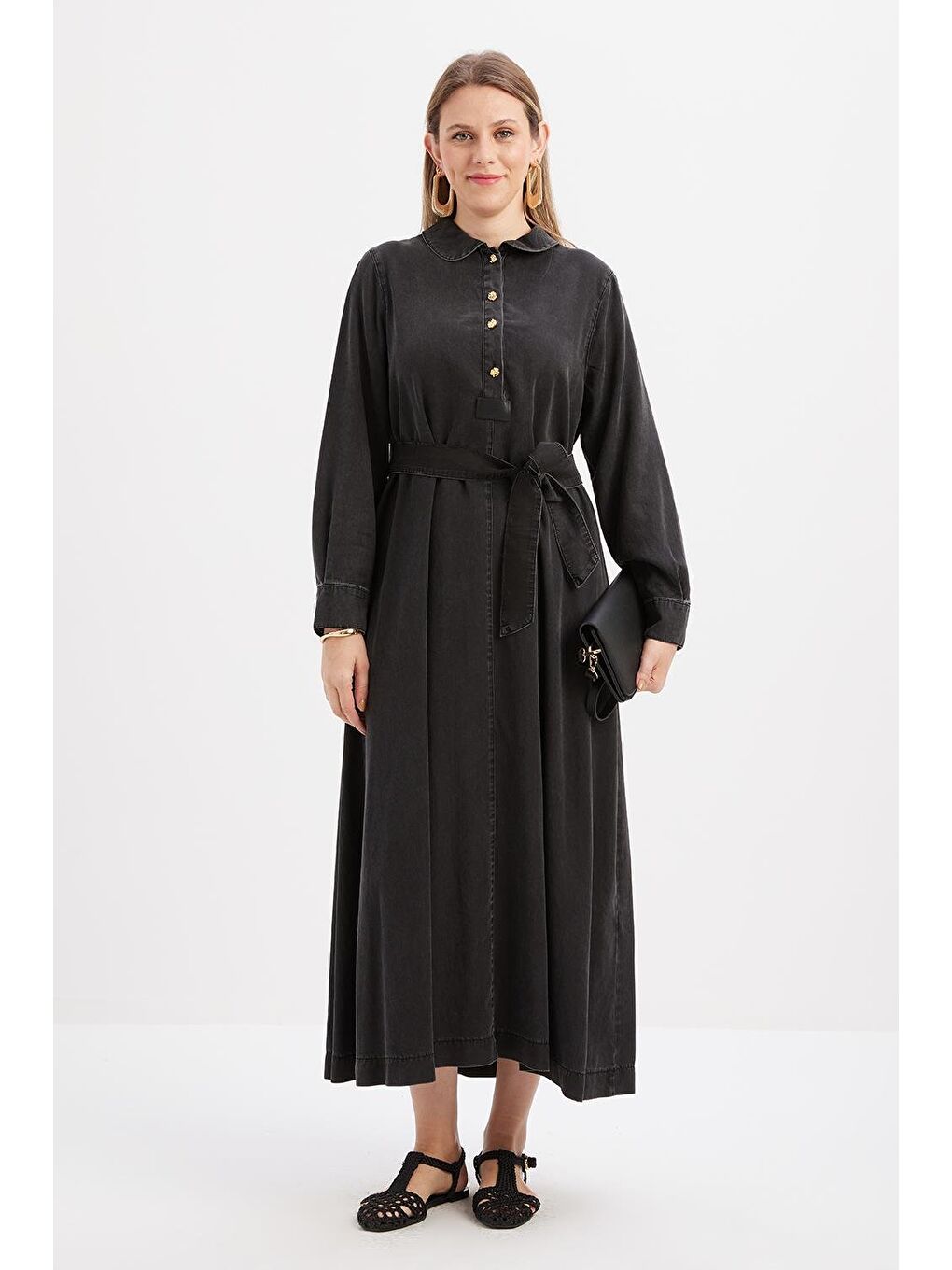 Gri-Yarım Patlı Kuşaklı Denim Elbise-1