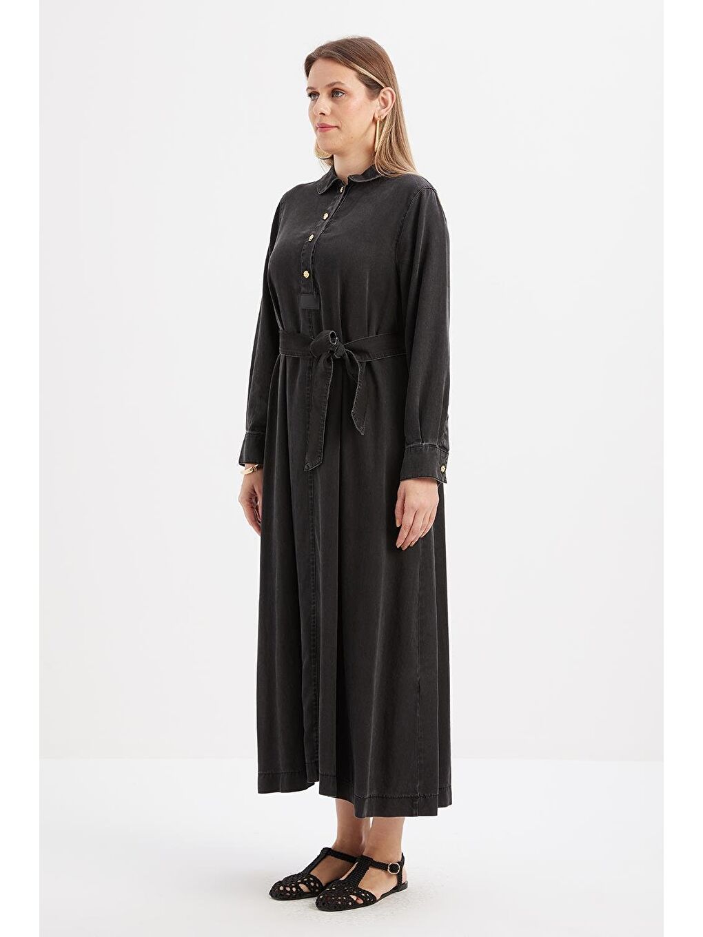 Gri-Yarım Patlı Kuşaklı Denim Elbise-2