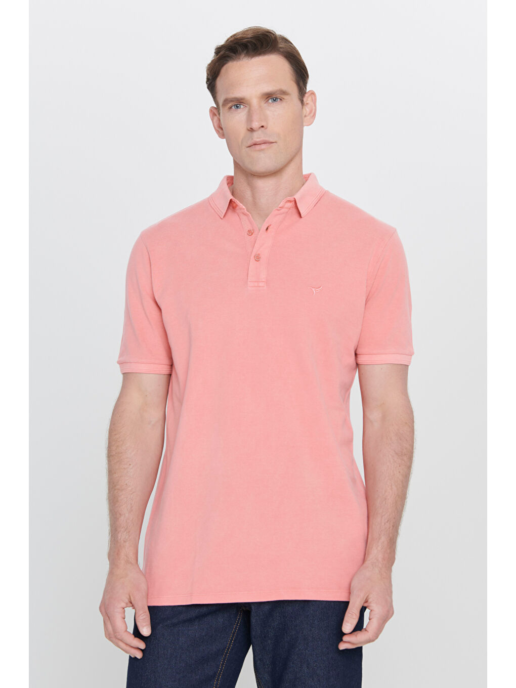Pembe Erkek Gül Kurusu Slim Fit Dar Kesim Polo Yaka %100 Pamuk Kısa Kollu Desenli Tişört