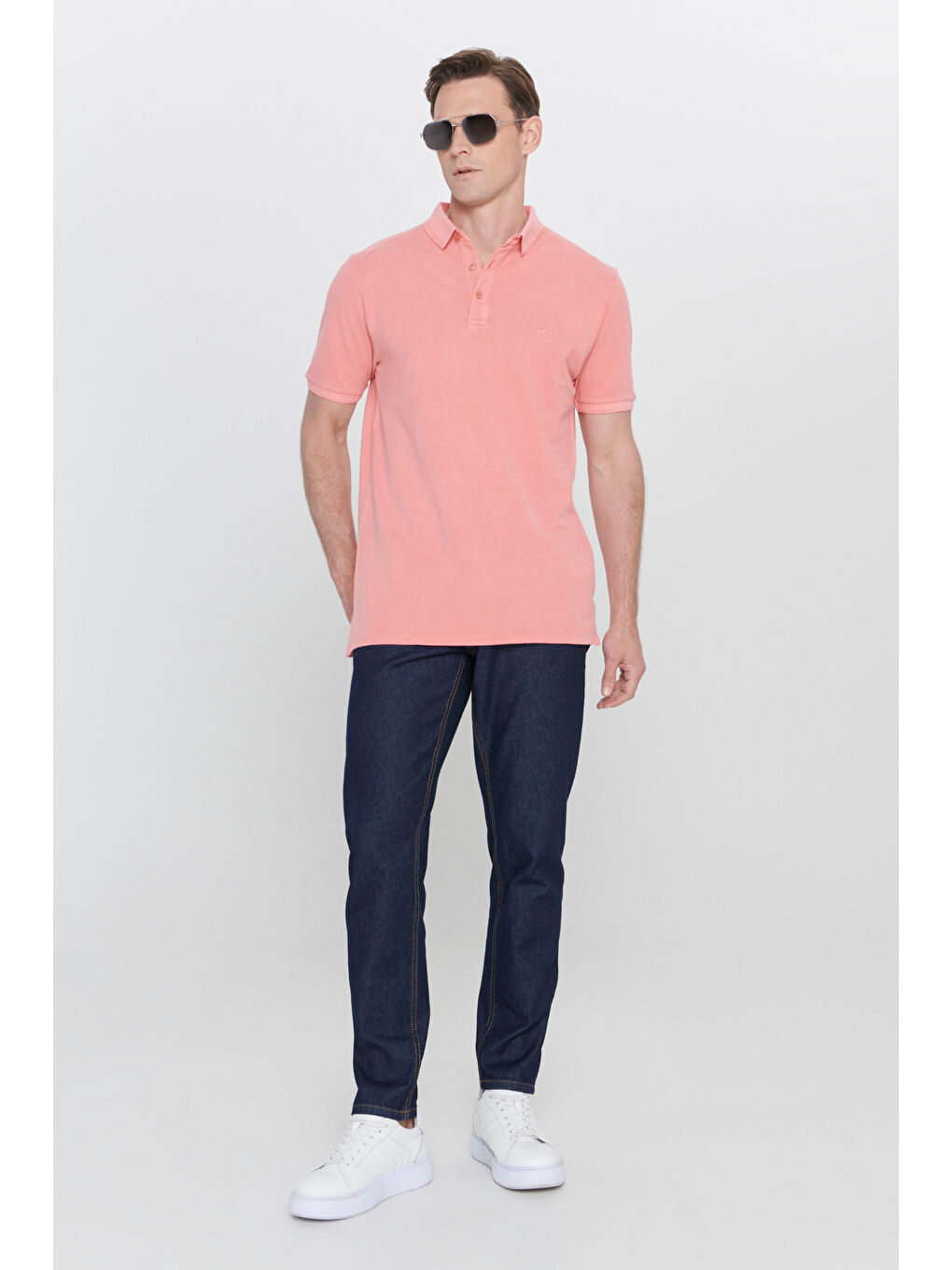 Pembe Erkek Gül Kurusu Slim Fit Dar Kesim Polo Yaka %100 Pamuk Kısa Kollu Desenli Tişört-1