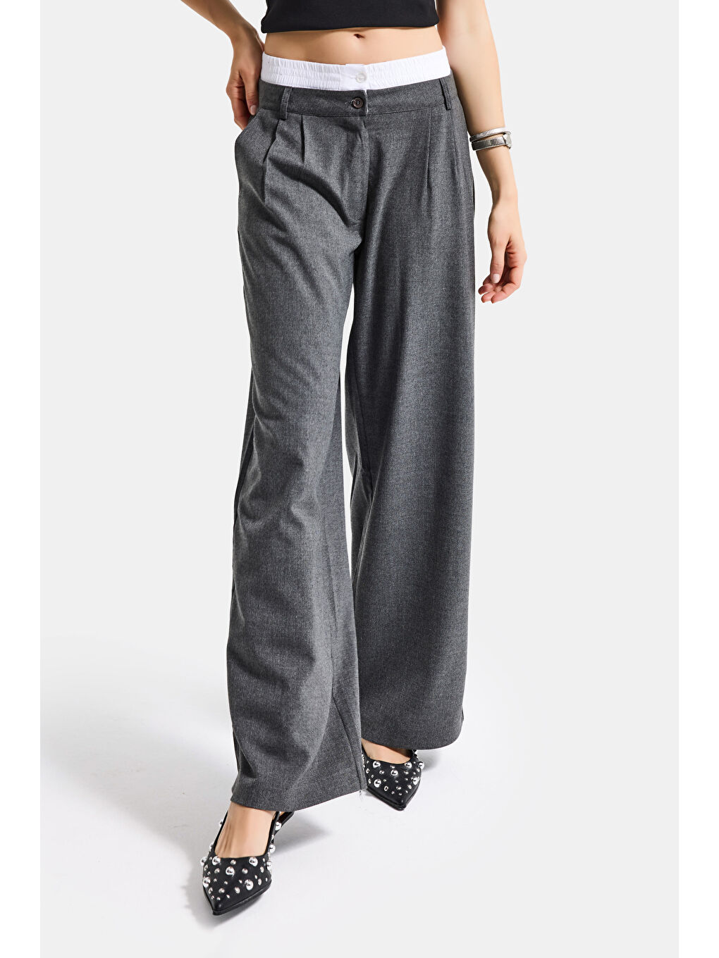 Kadın Antrasit s6 Palazzo Fit Boxer Kemer Detaylı Poliviskon Kumaş Pantolon-1