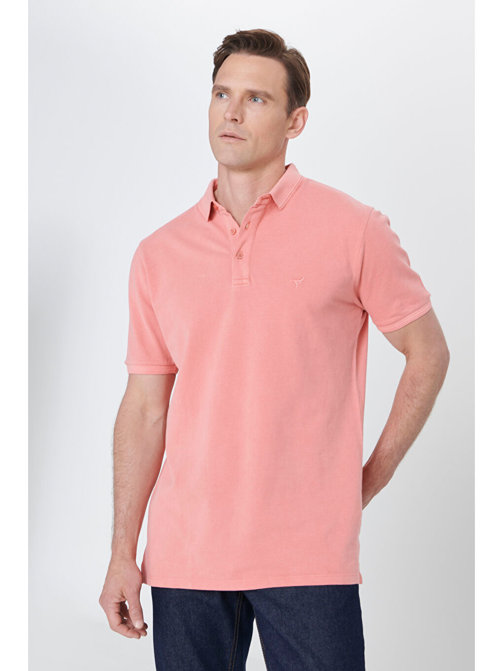 Pembe Erkek Gül Kurusu Slim Fit Dar Kesim Polo Yaka %100 Pamuk Kısa Kollu Desenli Tişört-2