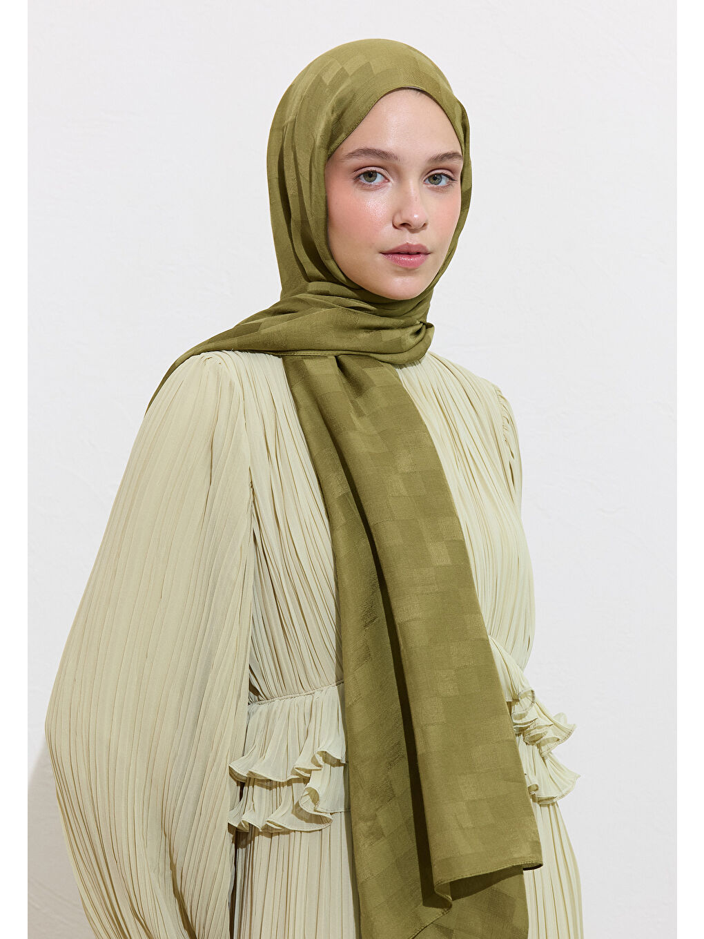 Nori İpek Jakar Şal Zeytin Yeşili-1