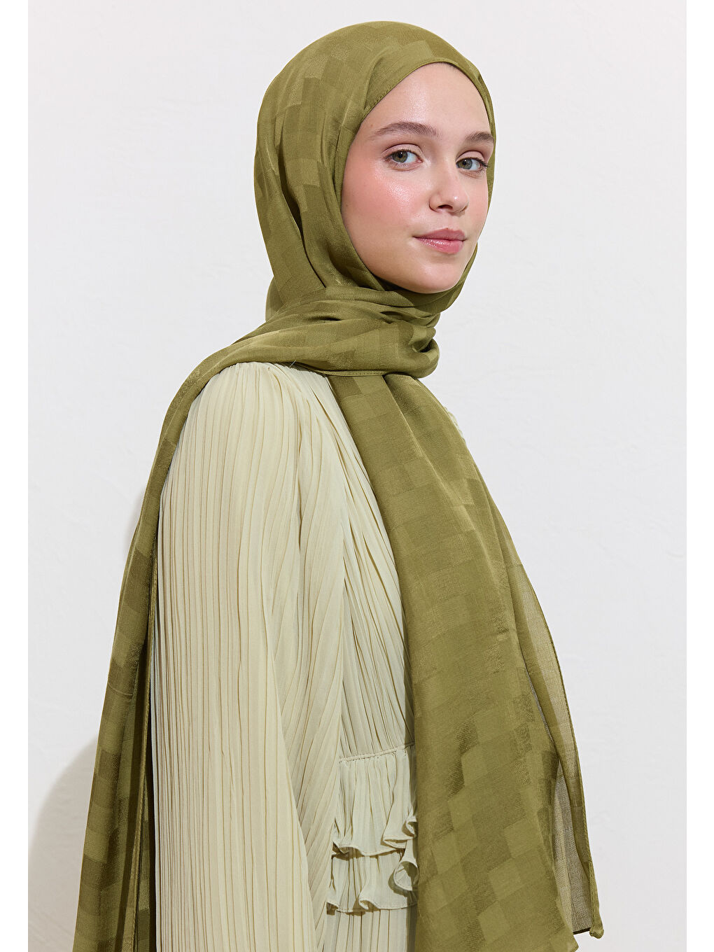 Nori İpek Jakar Şal Zeytin Yeşili-2