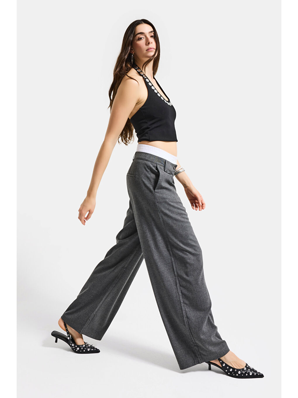 Kadın Antrasit s6 Palazzo Fit Boxer Kemer Detaylı Poliviskon Kumaş Pantolon-2