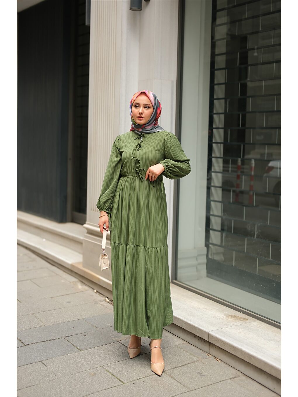 Kadın Bel Büzgülü Elbise Yeşil-1