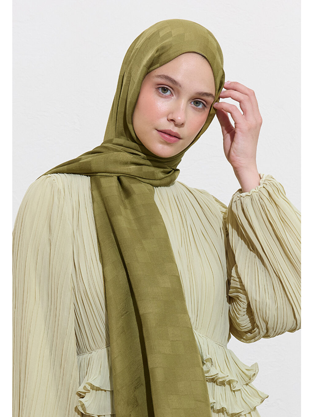 Nori İpek Jakar Şal Zeytin Yeşili-3