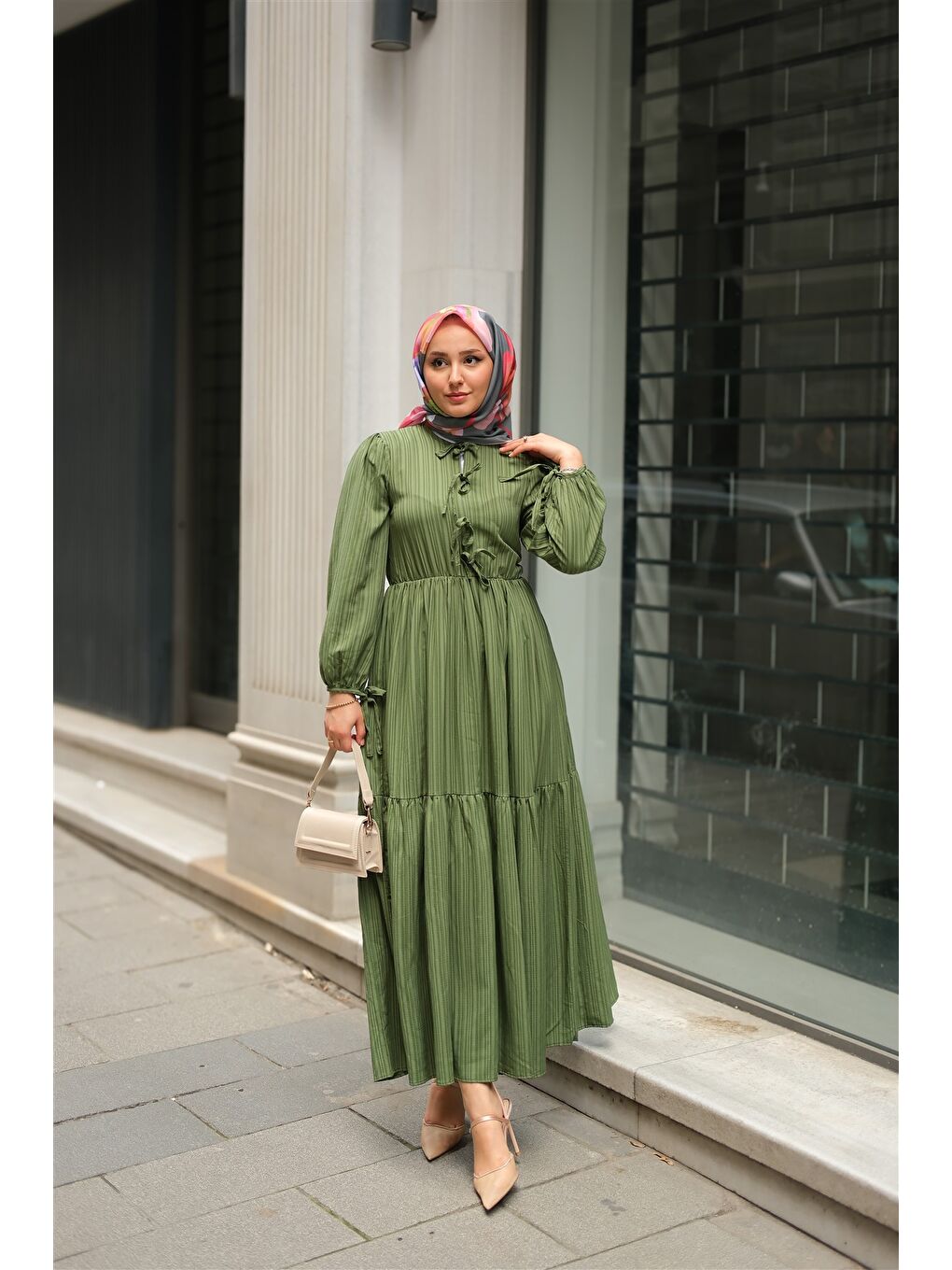 Kadın Bel Büzgülü Elbise Yeşil-2