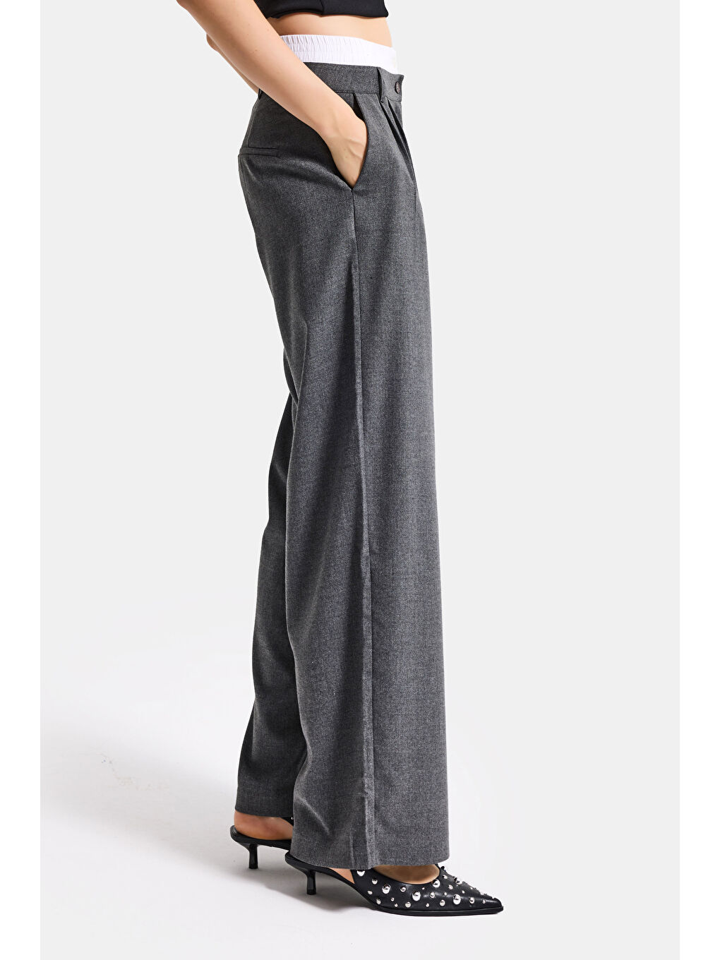 Kadın Antrasit s6 Palazzo Fit Boxer Kemer Detaylı Poliviskon Kumaş Pantolon-3