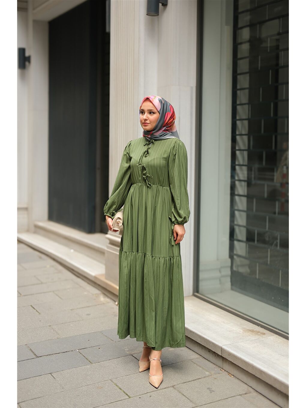 Kadın Bel Büzgülü Elbise Yeşil-3