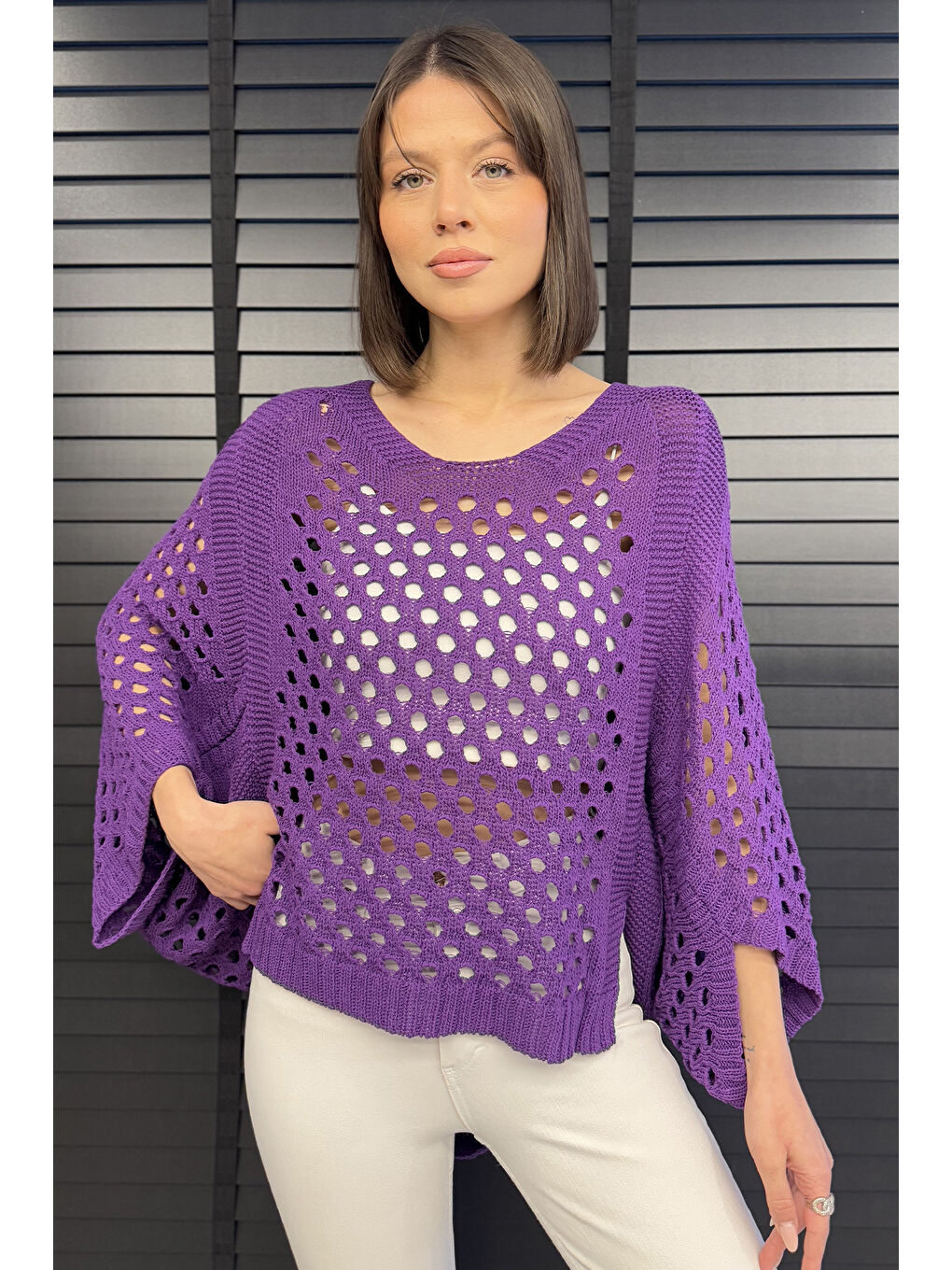 Mor Ajurlu Kadın Triko Bluz